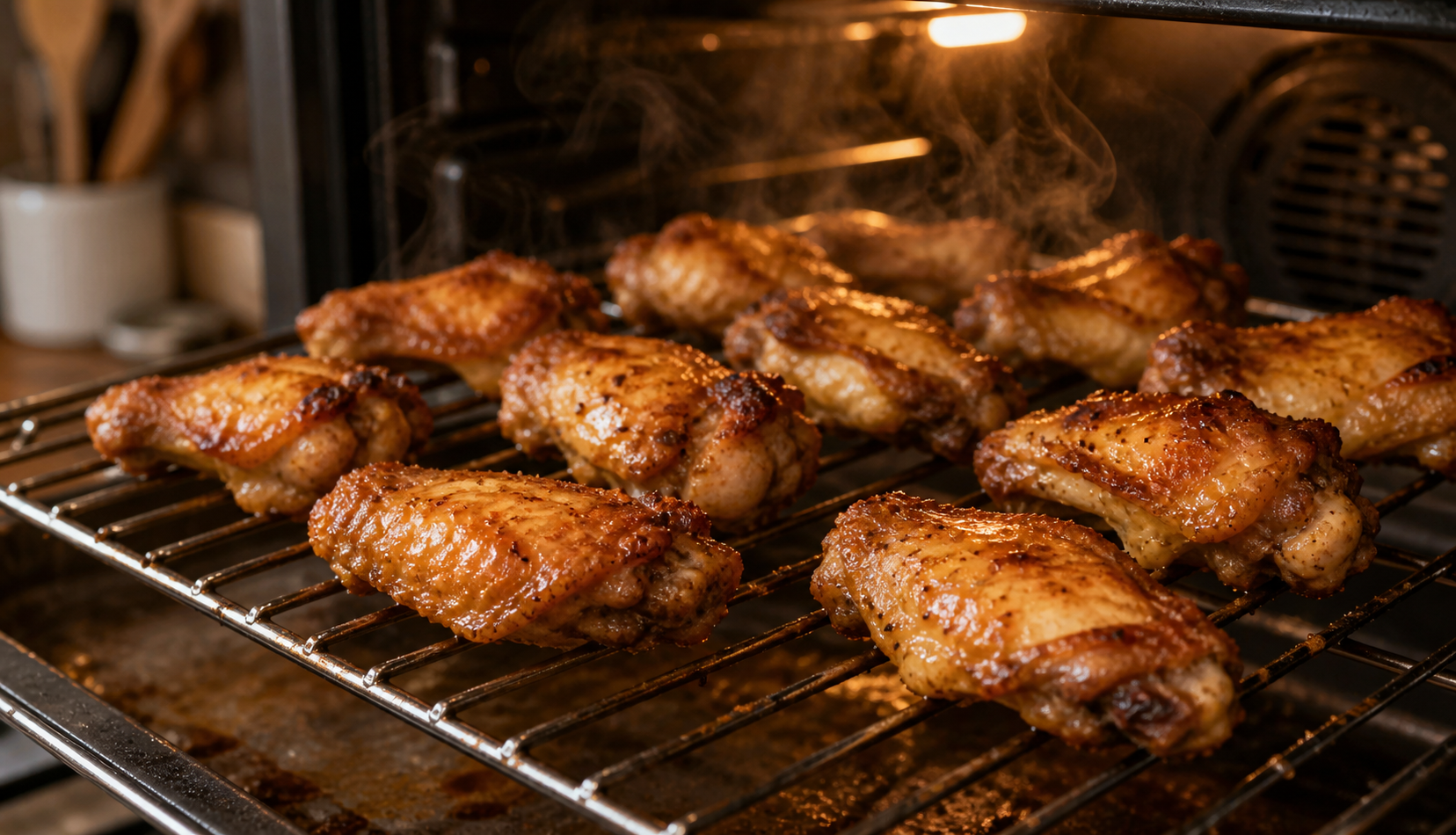 crispy chicken wings cooking in convection oven rack