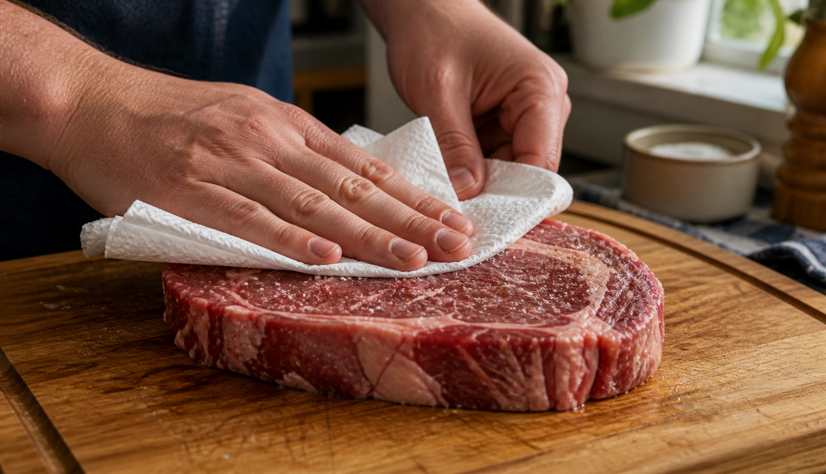 ChatGPT Image May 5, 2026, 10_45_19 PM Patting dry ribeye steak before oven broiling preparation