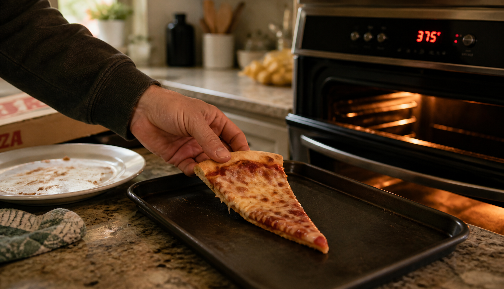 Cold leftover pizza placed on tray before oven reheating