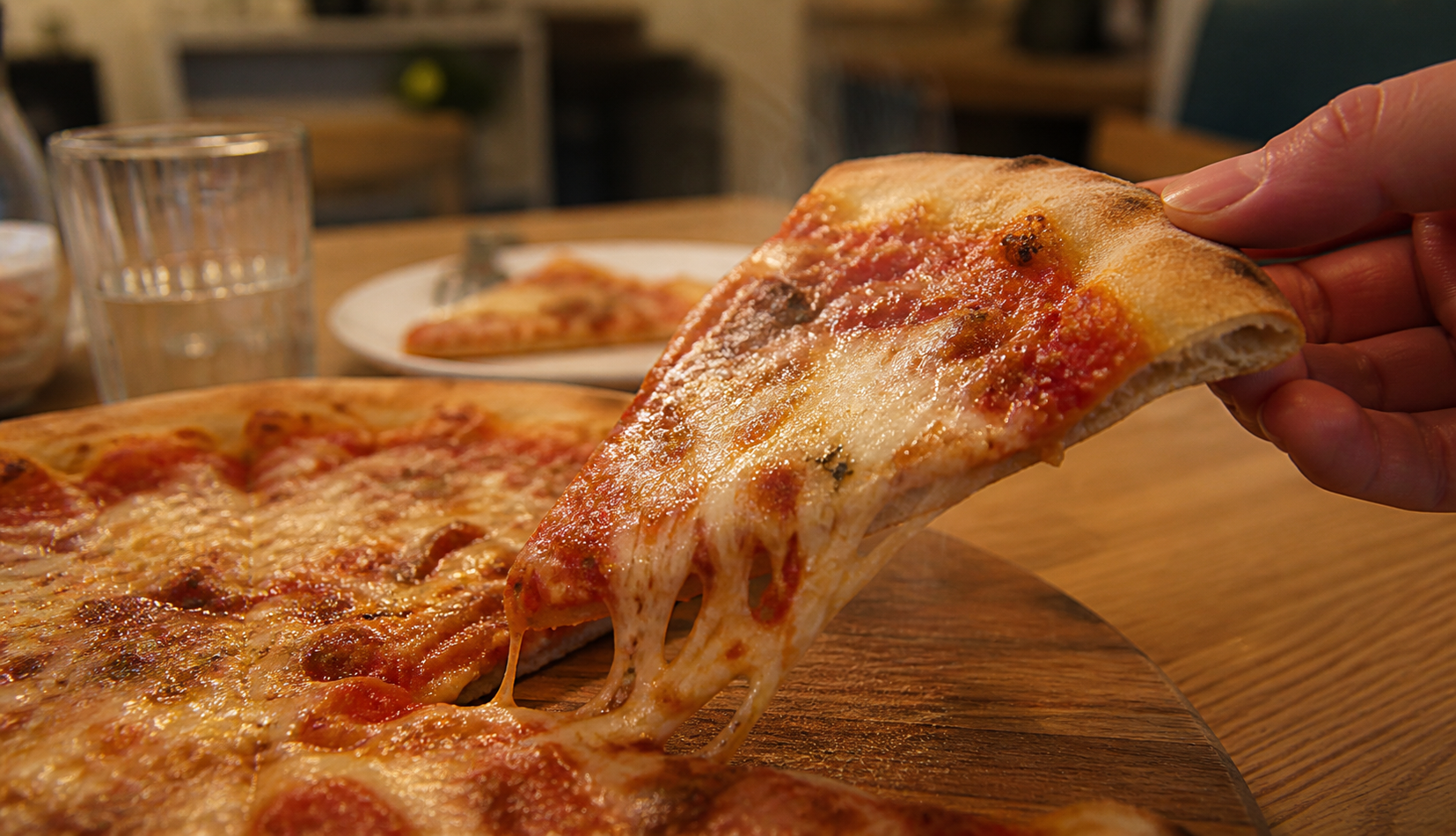 Perfectly reheated pizza slice with melted cheese stretch