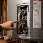 Electric water heater open showing internal components inspection