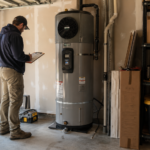 Heat pump water heater operating with visible airflow in utility room