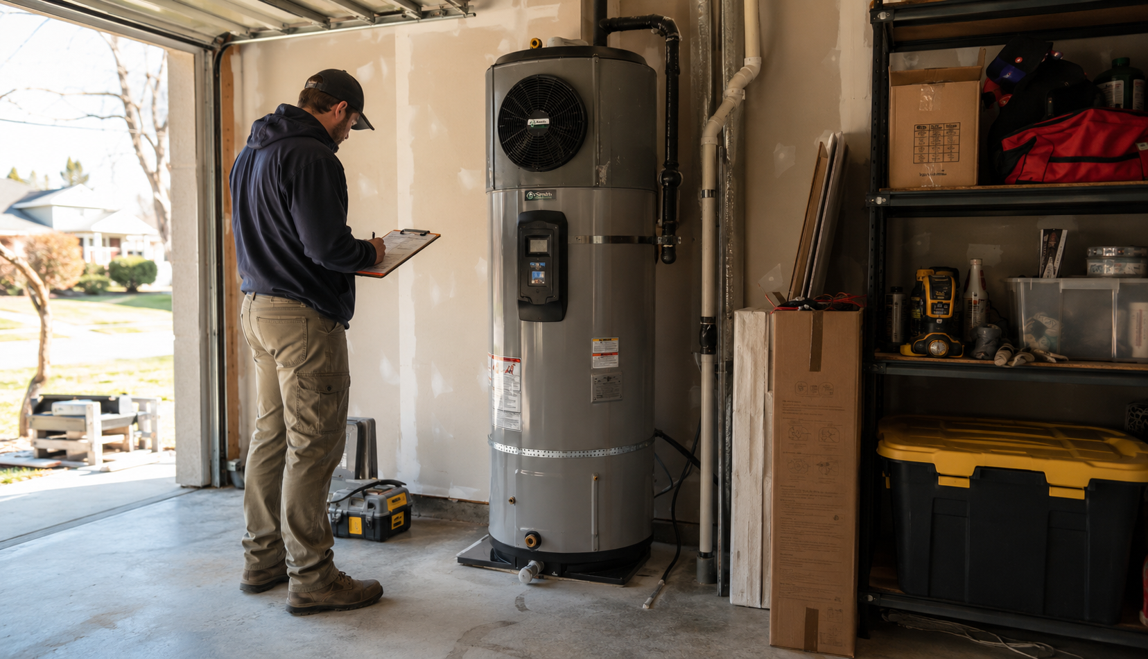 ChatGPT Image May 6, 2026, 10_30_40 PM Technician inspecting heat pump water heater installed in garage