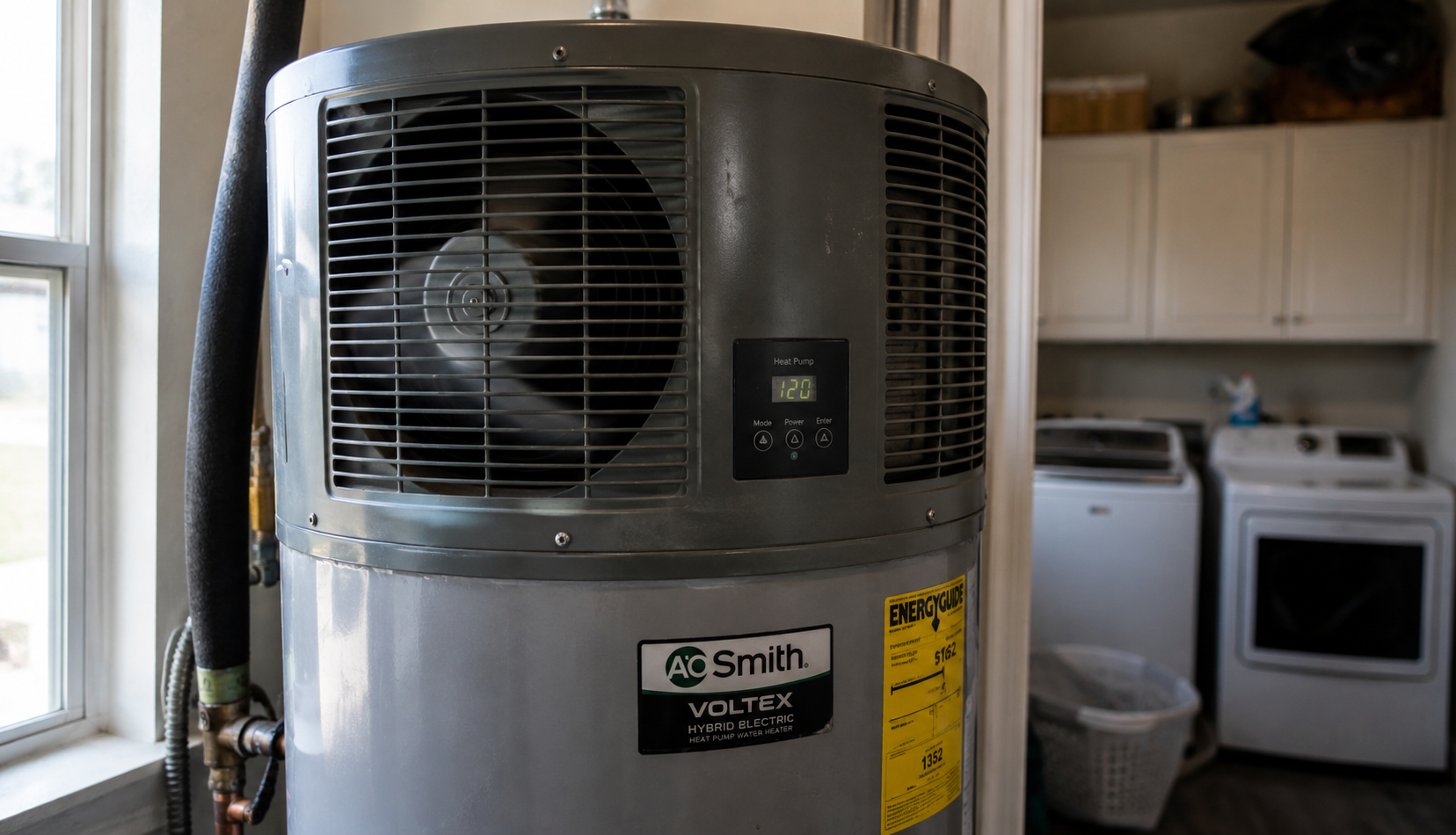 ChatGPT Image May 6, 2026, 10_31_04 PM Heat pump water heater operating with visible airflow in utility room