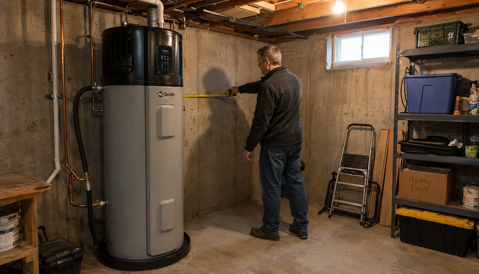 ChatGPT Image May 6, 2026, 10_31_18 PM Homeowner measuring basement space for heat pump water heater installation