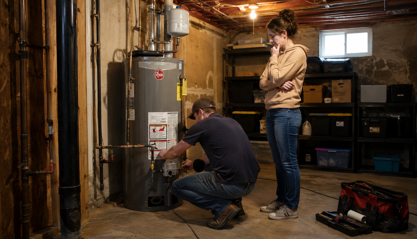 Technician installing water heater in residential basement utility room