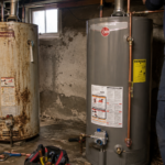 Water heater replacement in home utility room with tools visible