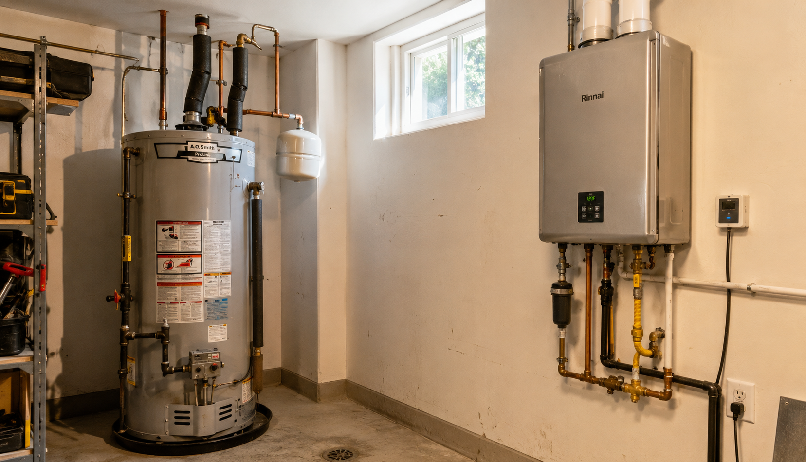 ChatGPT Image May 7, 2026, 09_58_41 PM Comparison of tank and tankless water heater installations