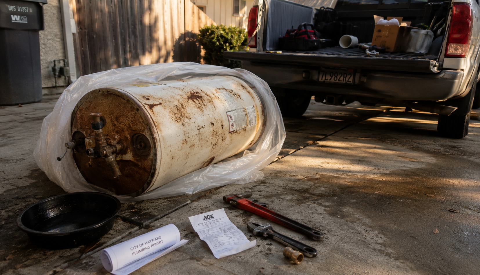 ChatGPT Image May 7, 2026, 09_58_44 PM Old water heater disposal with tools and paperwork on driveway
