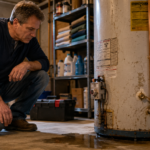 Homeowner inspecting leaking residential water heater in basement utility room