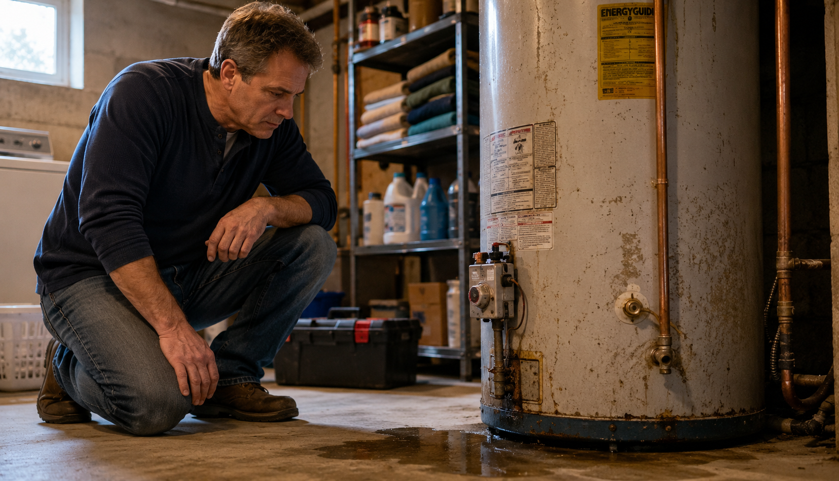 ChatGPT Image May 9, 2026, 01_43_39 AM Homeowner inspecting leaking residential water heater in basement utility room