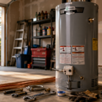 Gas water heater installation setup with tools in residential garage