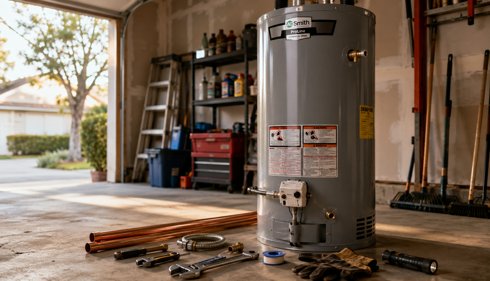 Gas water heater installation setup with tools in residential garage