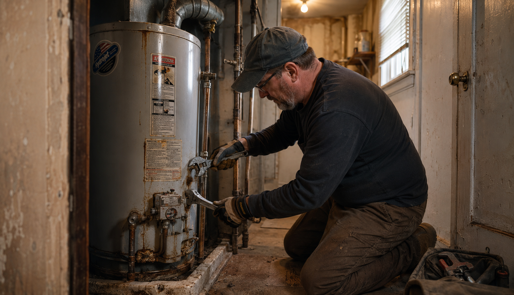 Old gas water heater being disconnected from corroded household pipes