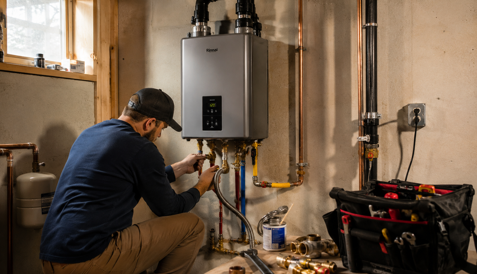 Technician connecting gas and water lines on new heater