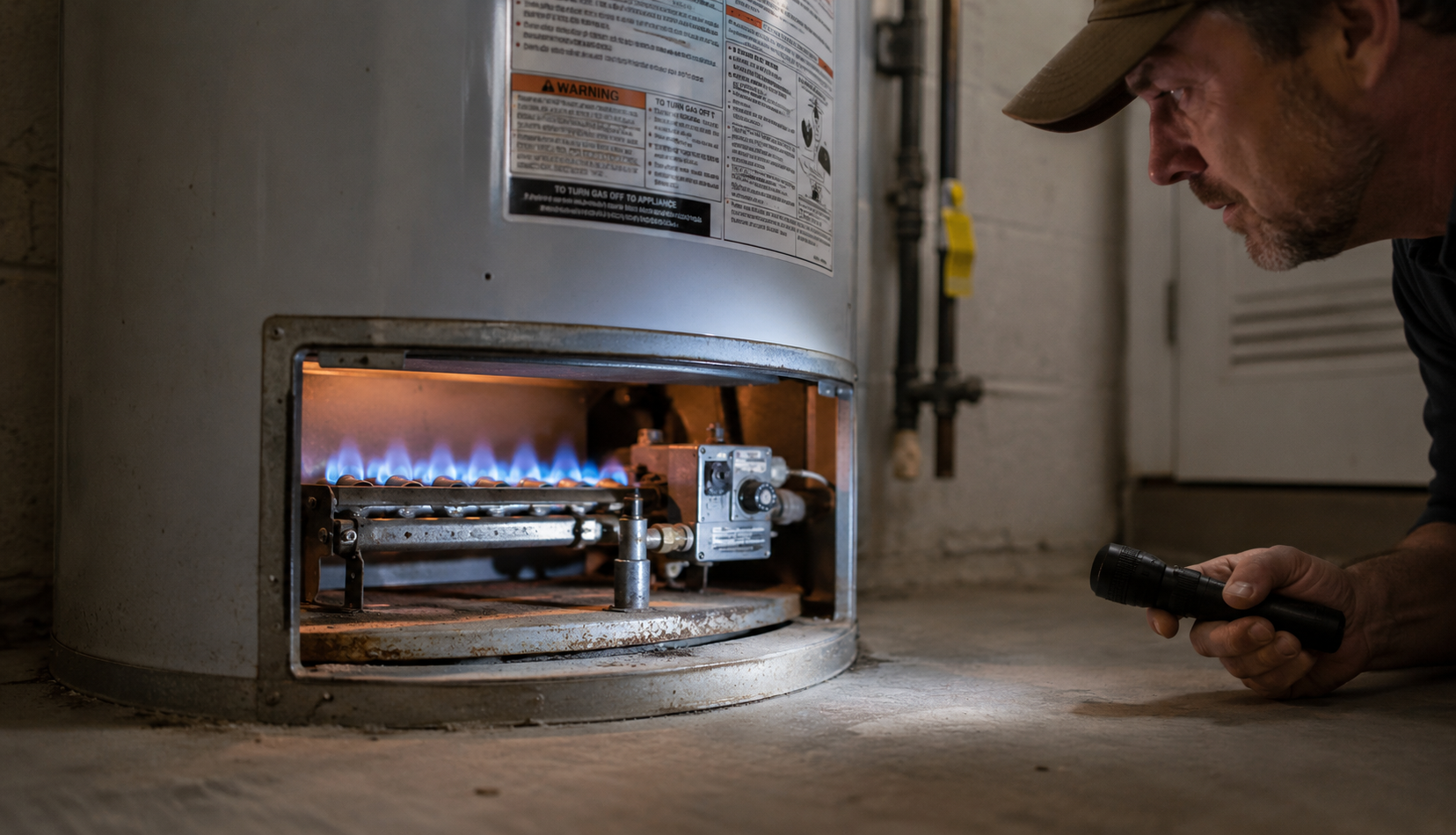 Blue burner flame inside properly installed residential gas water heater