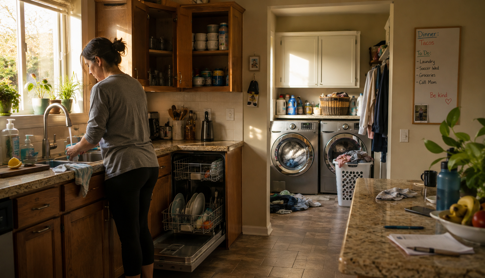 Family kitchen showing simultaneous dishwasher and laundry hot water use
