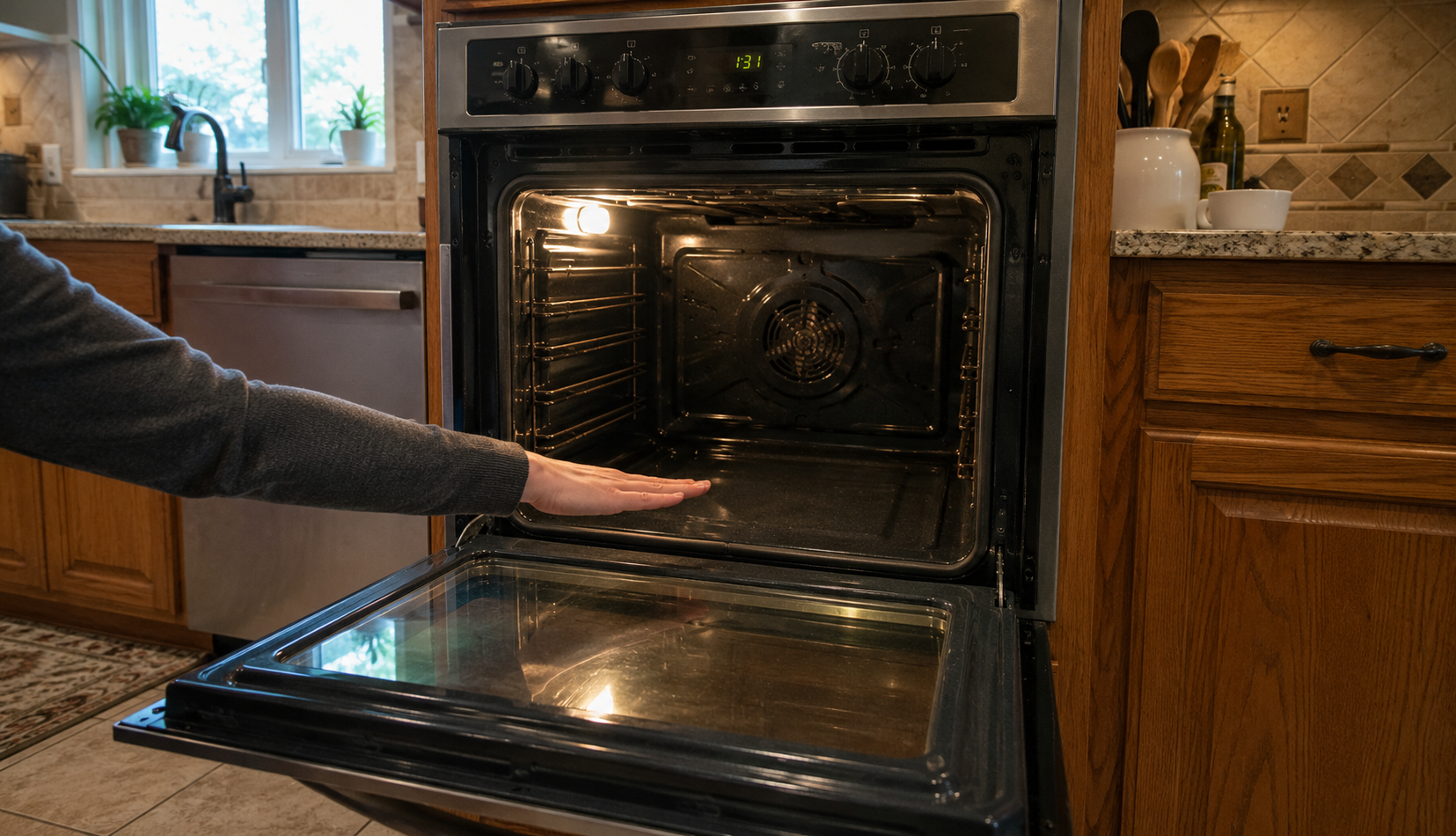 Hand checking inside cold oven cavity during heating problem diagnosis