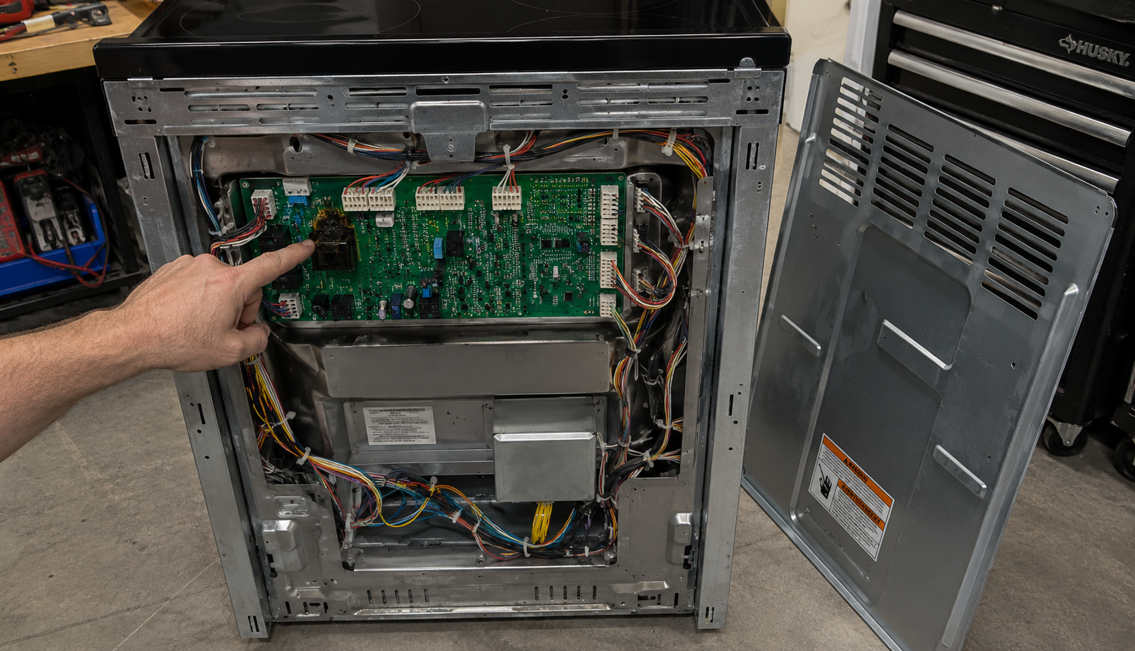 Oven control board inside rear cabinet with burned relay component visible