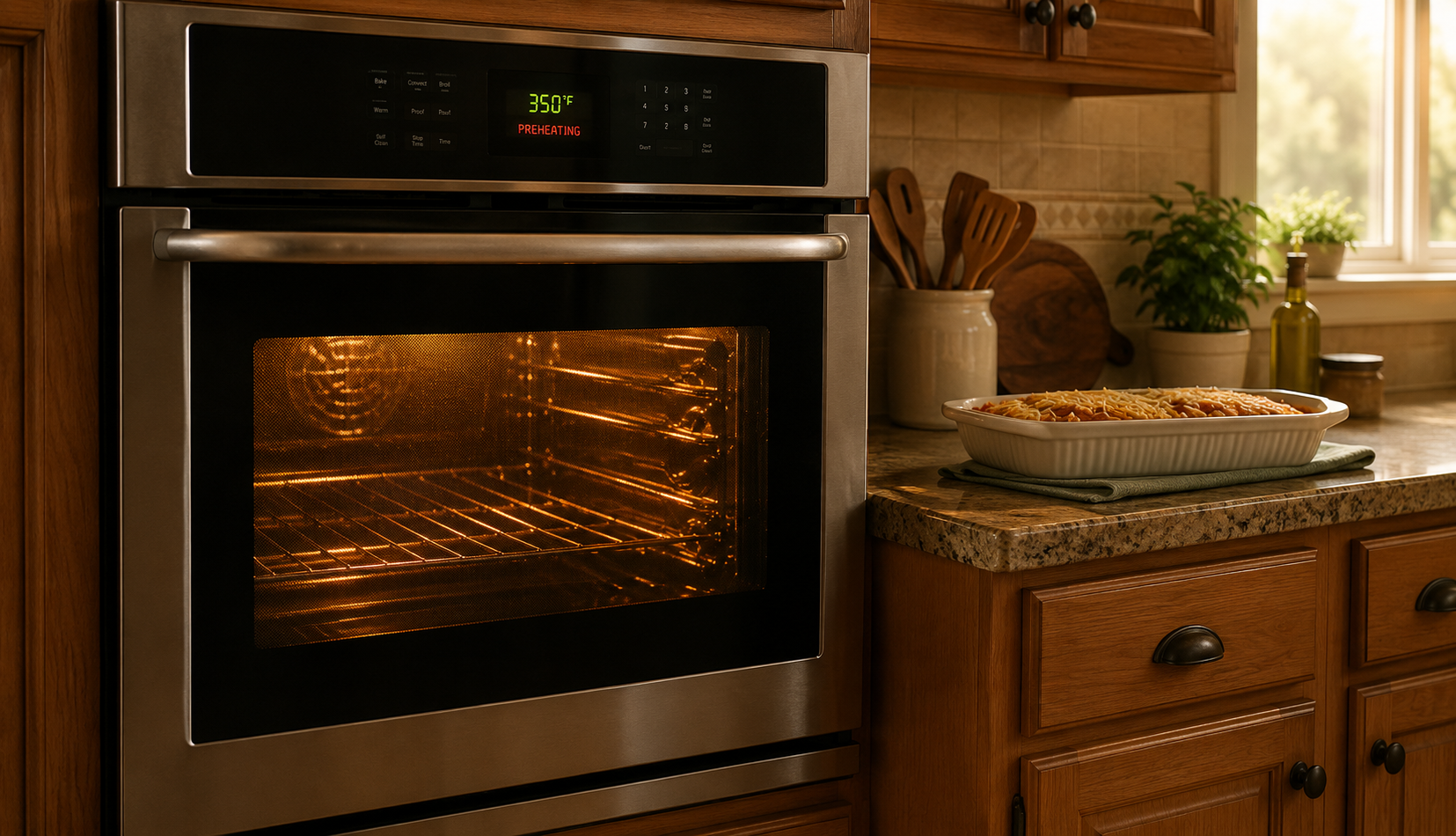 Oven preheating with warm amber glow through door glass after successful repair