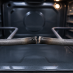 Burnt oven coil with visible break and burn mark inside oven cavity