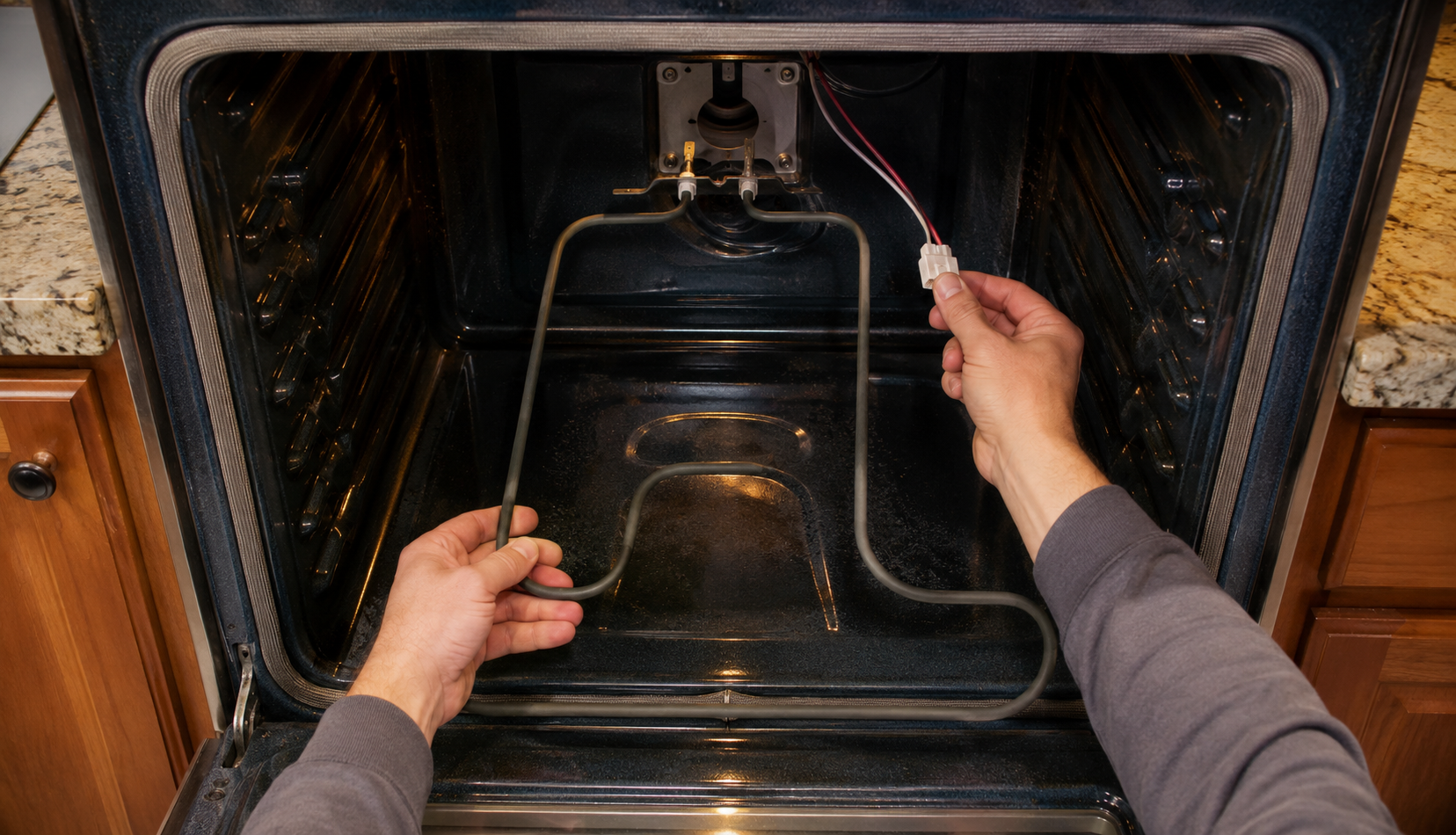 Bake element pulled forward from oven rear wall with wire connectors visible