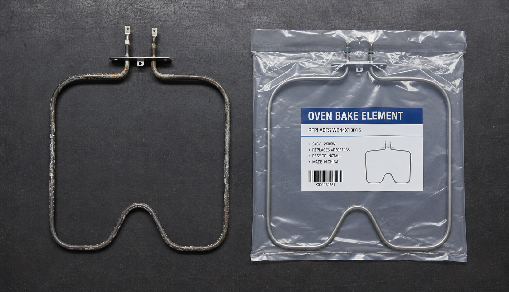 Old degraded oven bake element beside new replacement element on dark surface
