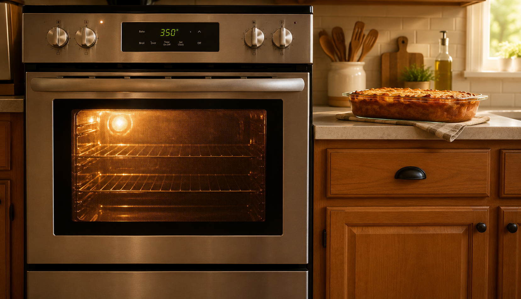 Oven running normally with baked dish cooling on counter after coil replacement