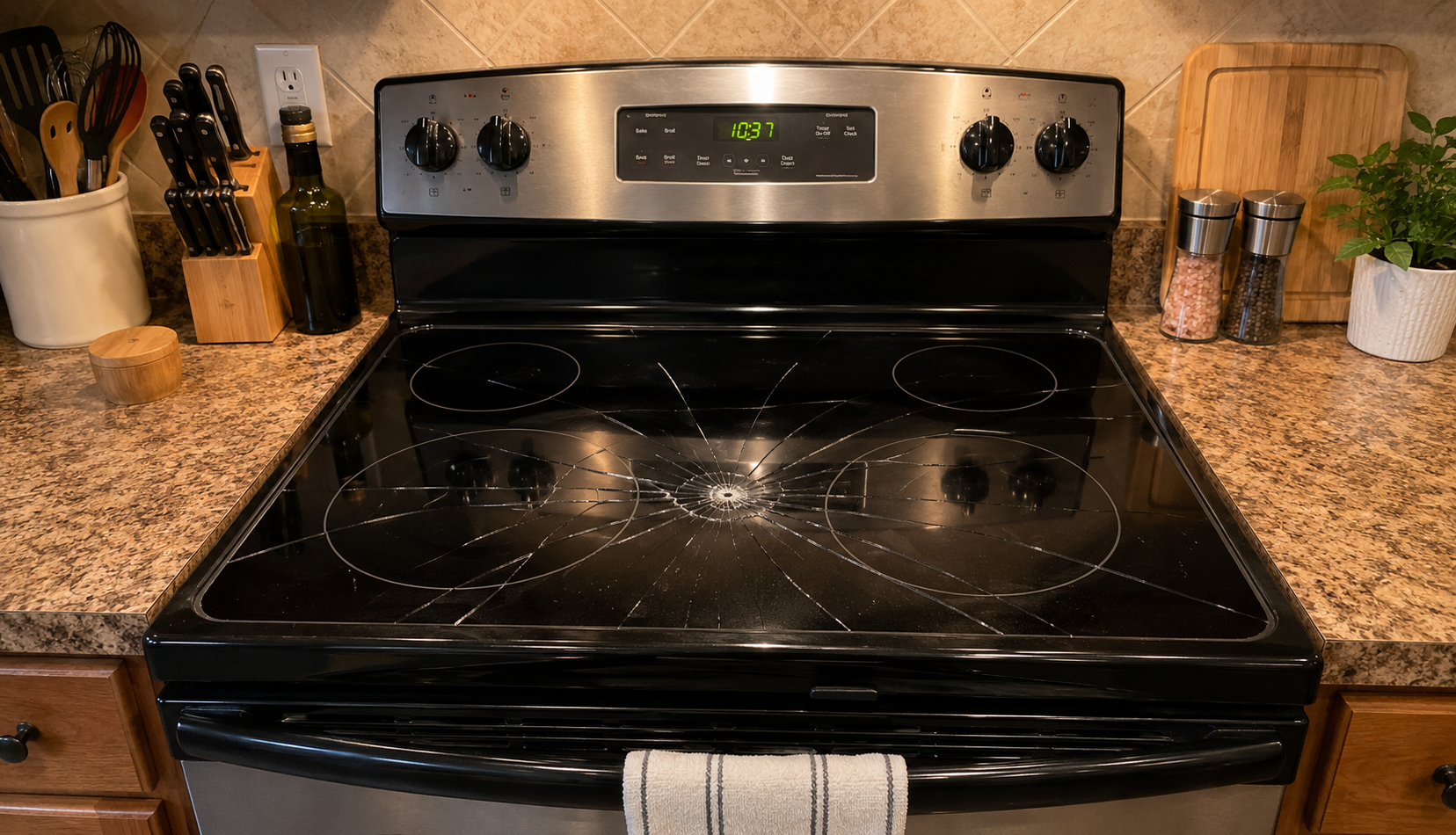 Cracked glass cooktop on kitchen range with fracture spreading across burner zones
