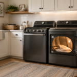 Modern laundry room with gas dryer and washer set into white cabinetry