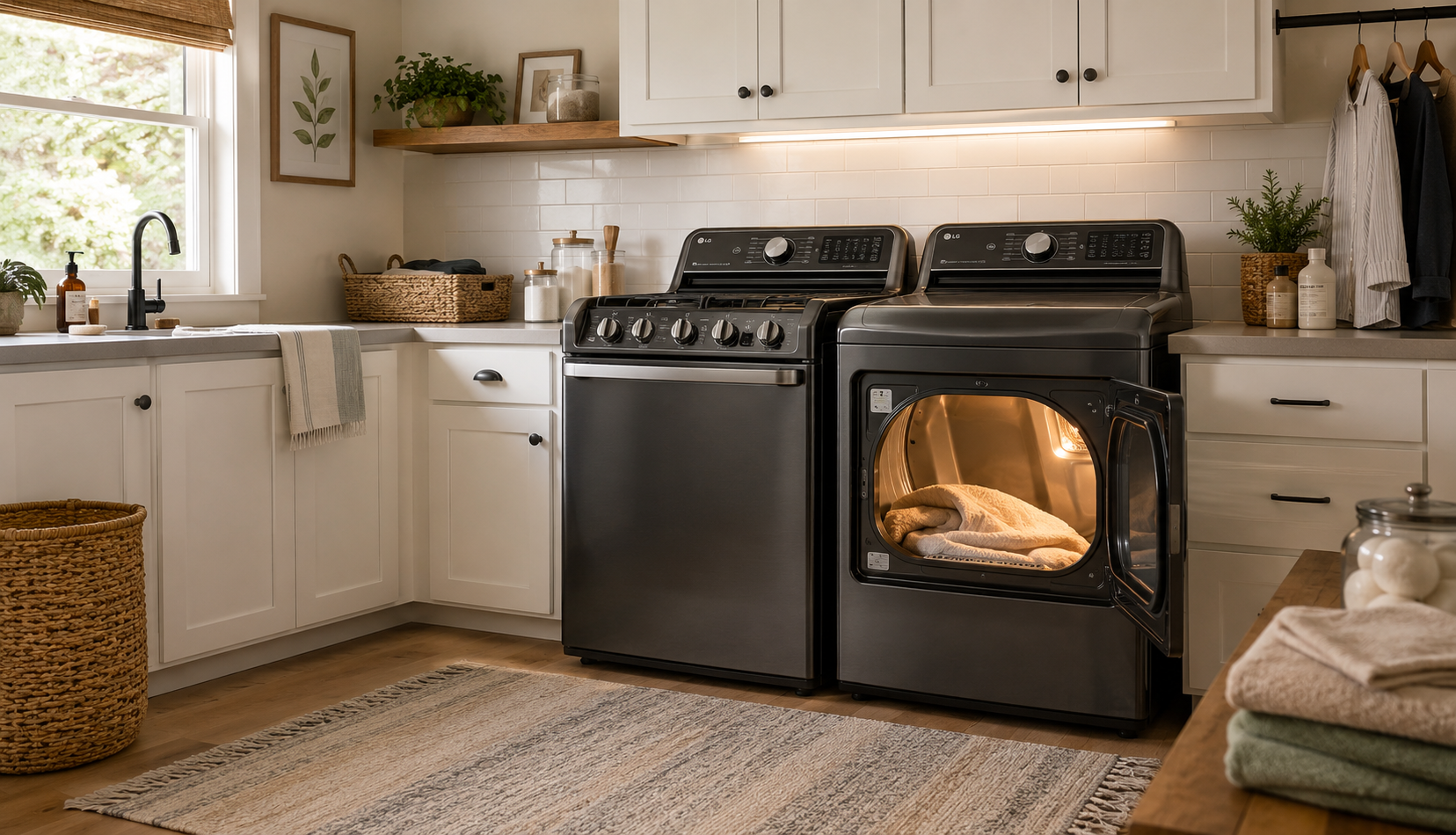 Modern laundry room with gas dryer and washer set into white cabinetry