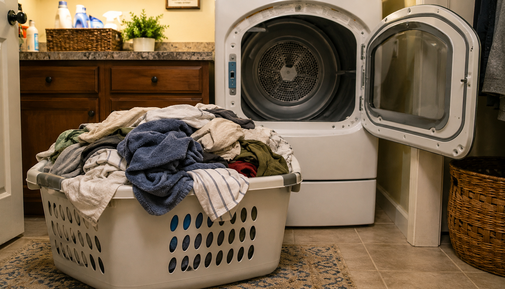 ChatGPT Image Jun 13, 2026, 03_58_18 PM Large laundry basket of mixed family loads in front of open gas dryer