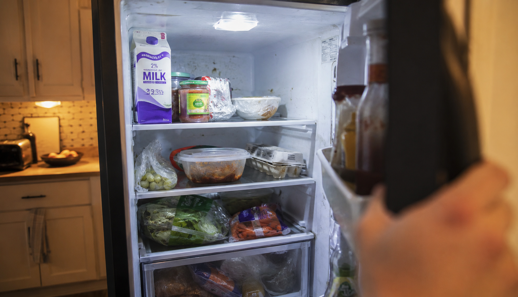 open refrigerator not cooling with groceries inside warm kitchen