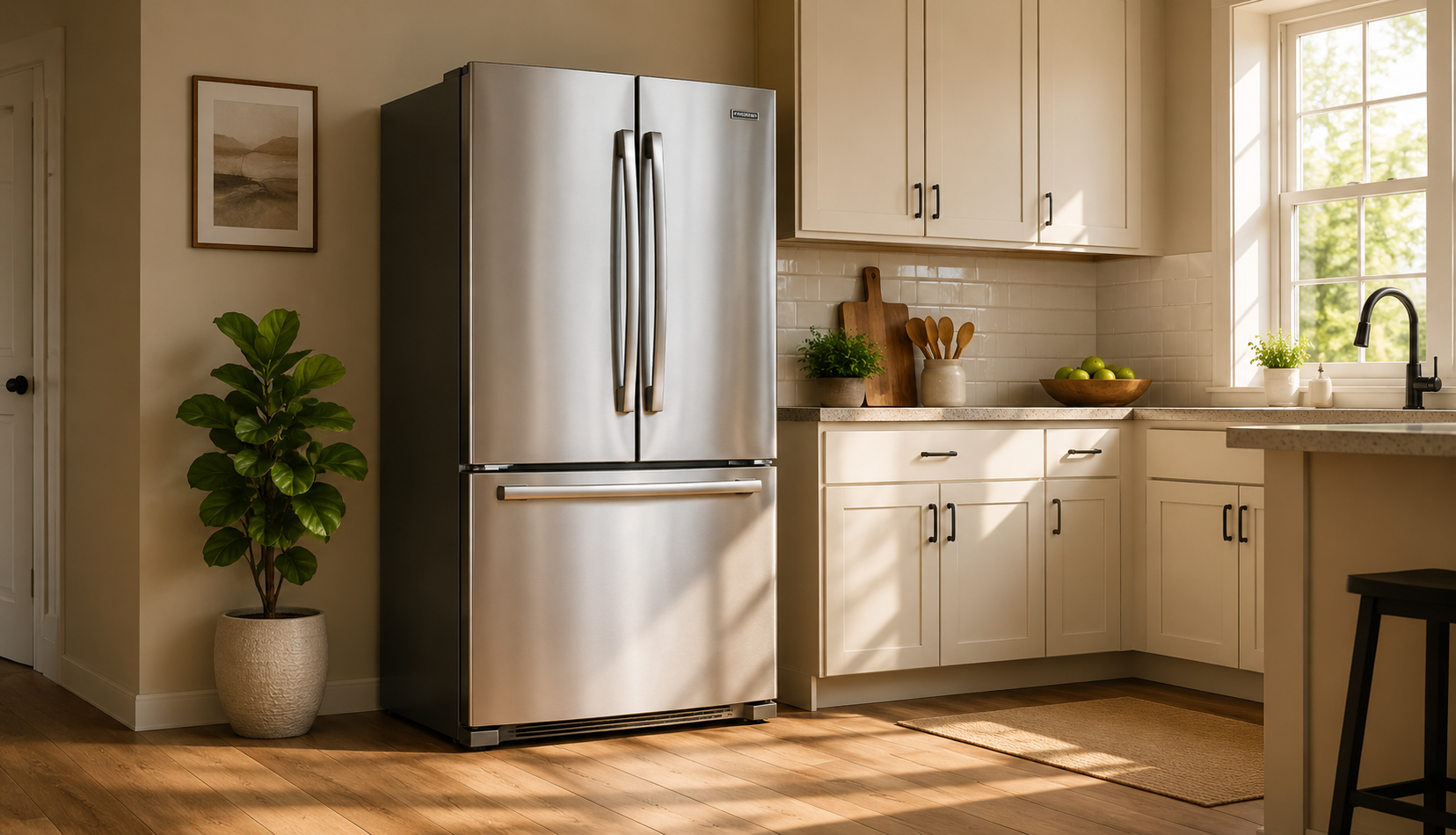 well-maintained refrigerator in clean kitchen natural morning light