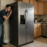 person listening to noisy refrigerator in home kitchen