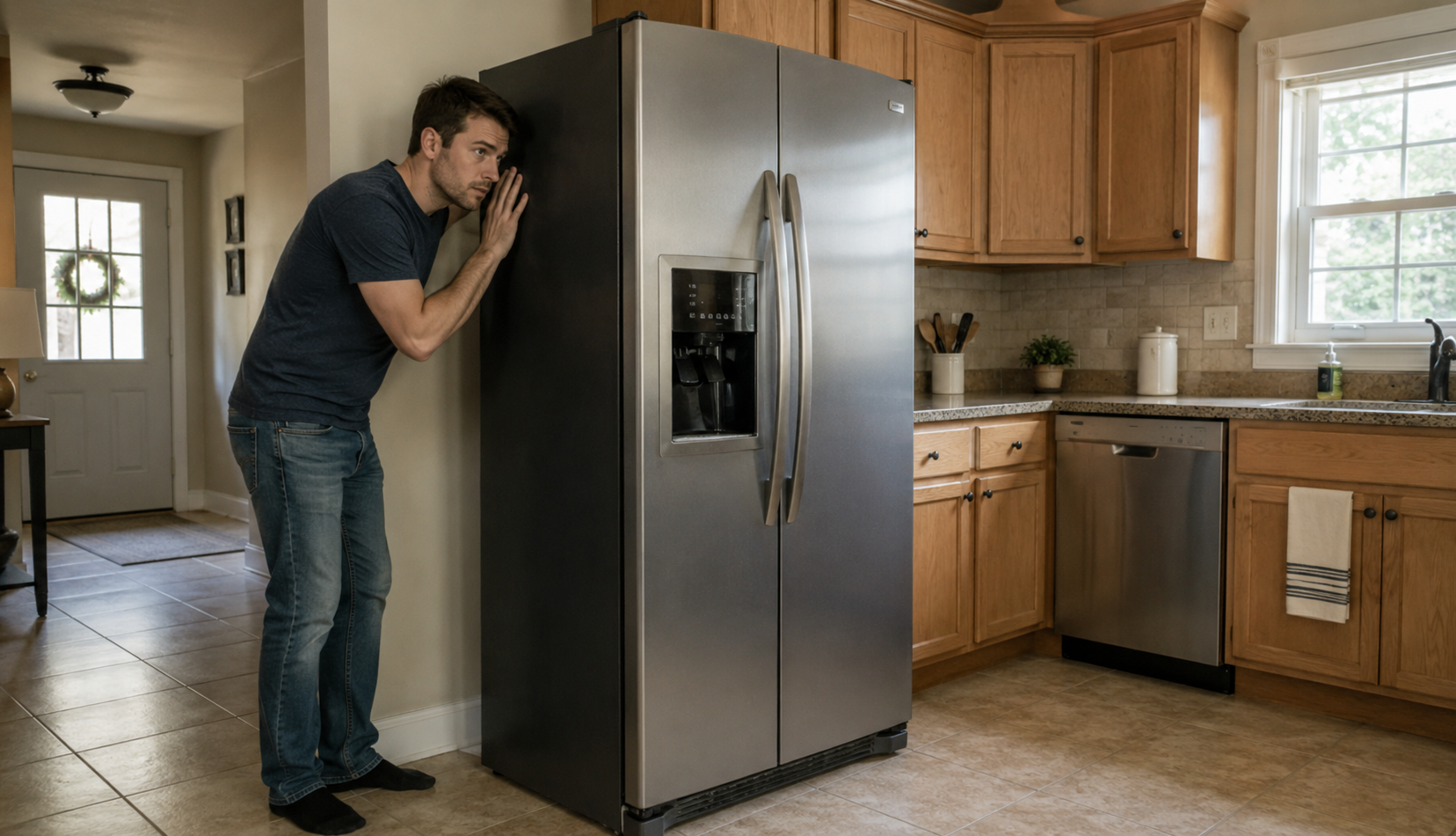 person listening to noisy refrigerator in home kitchen