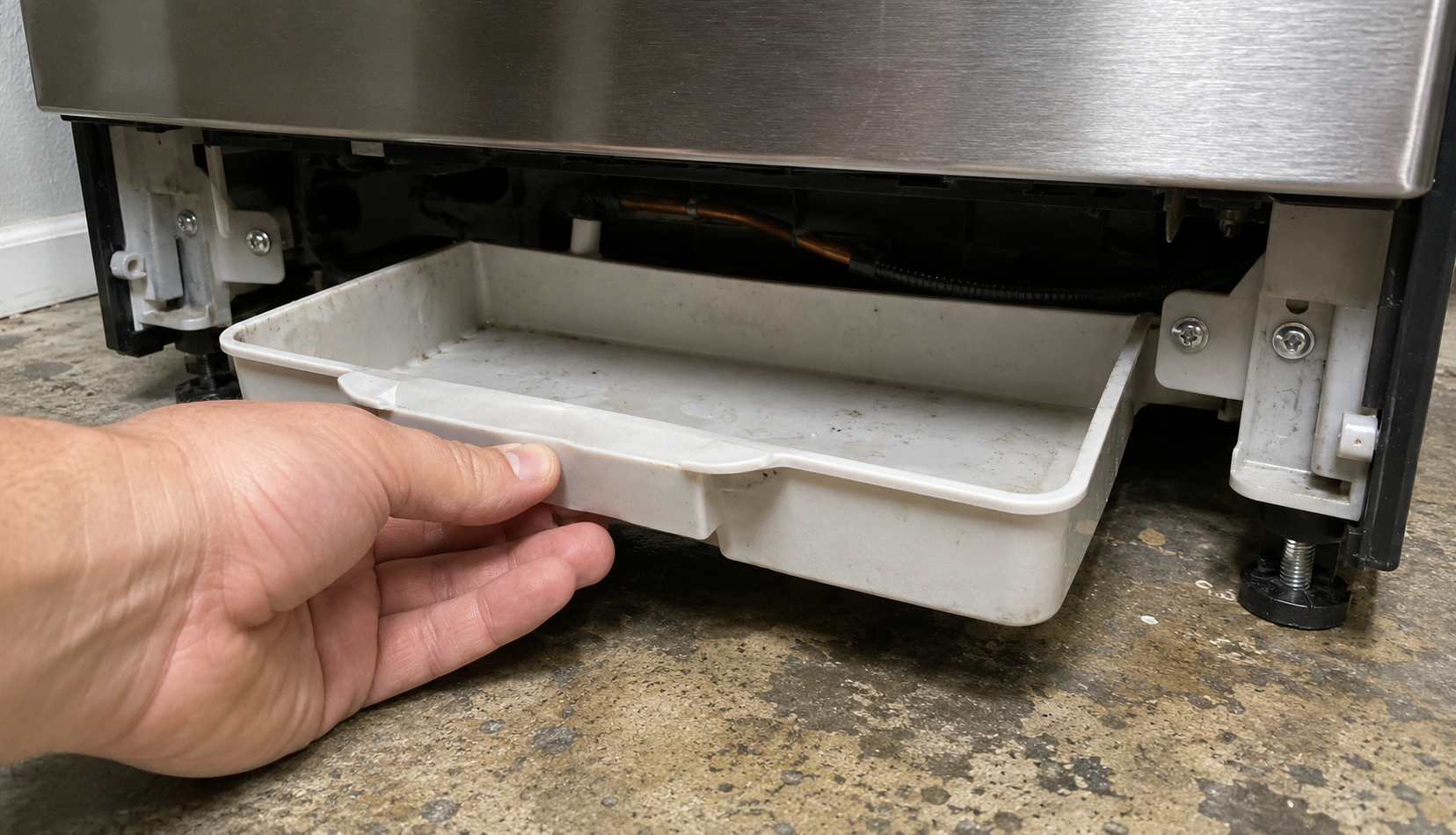 ChatGPT Image Jun 15, 2026, 04_31_50 PM hand removing refrigerator drain pan from bottom kick panel