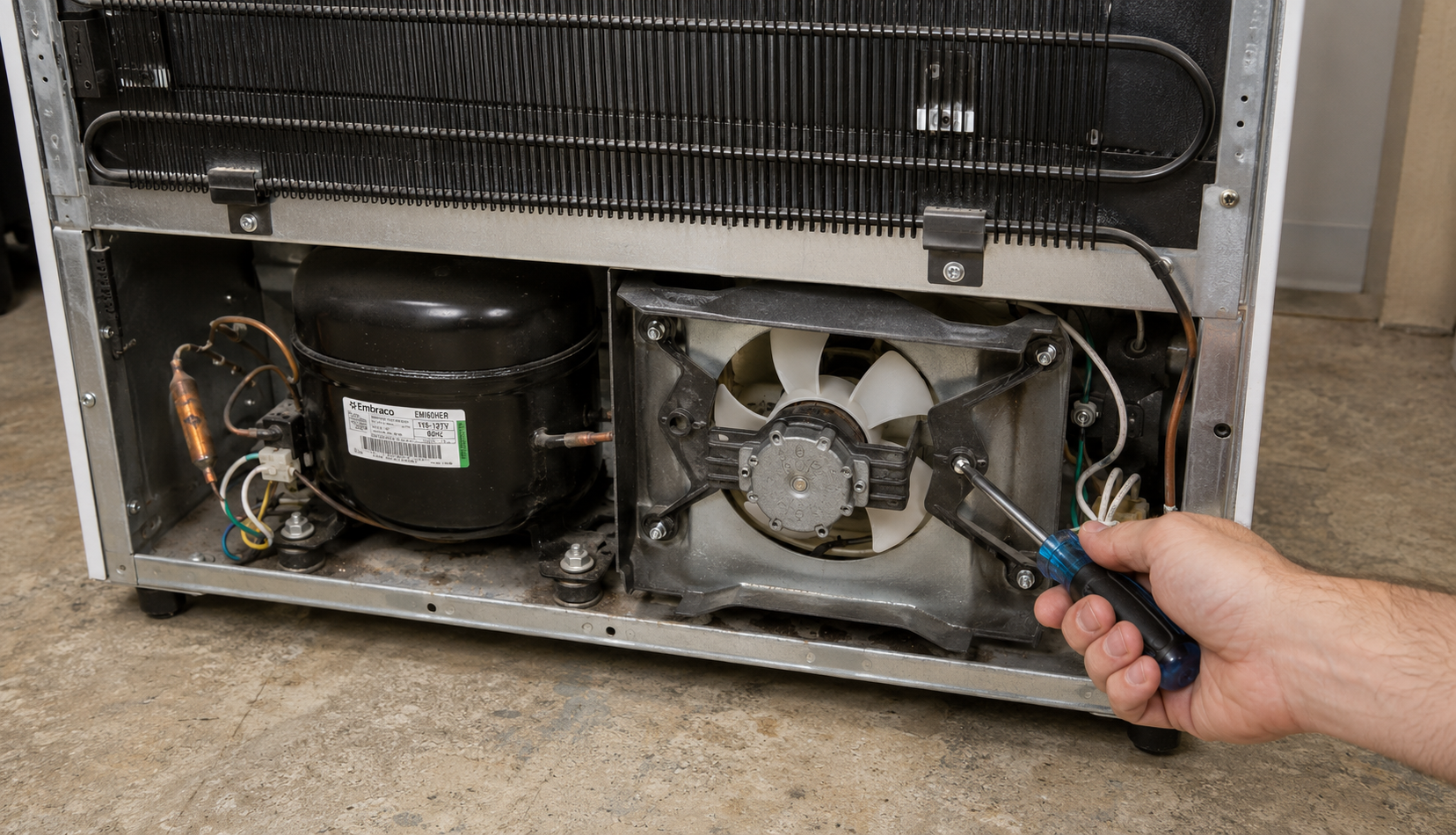 ChatGPT Image Jun 15, 2026, 04_31_52 PM refrigerator condenser fan motor exposed during rear panel removal