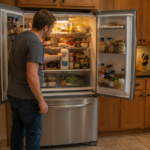 person checking warm refrigerator section with freezer drawer closed