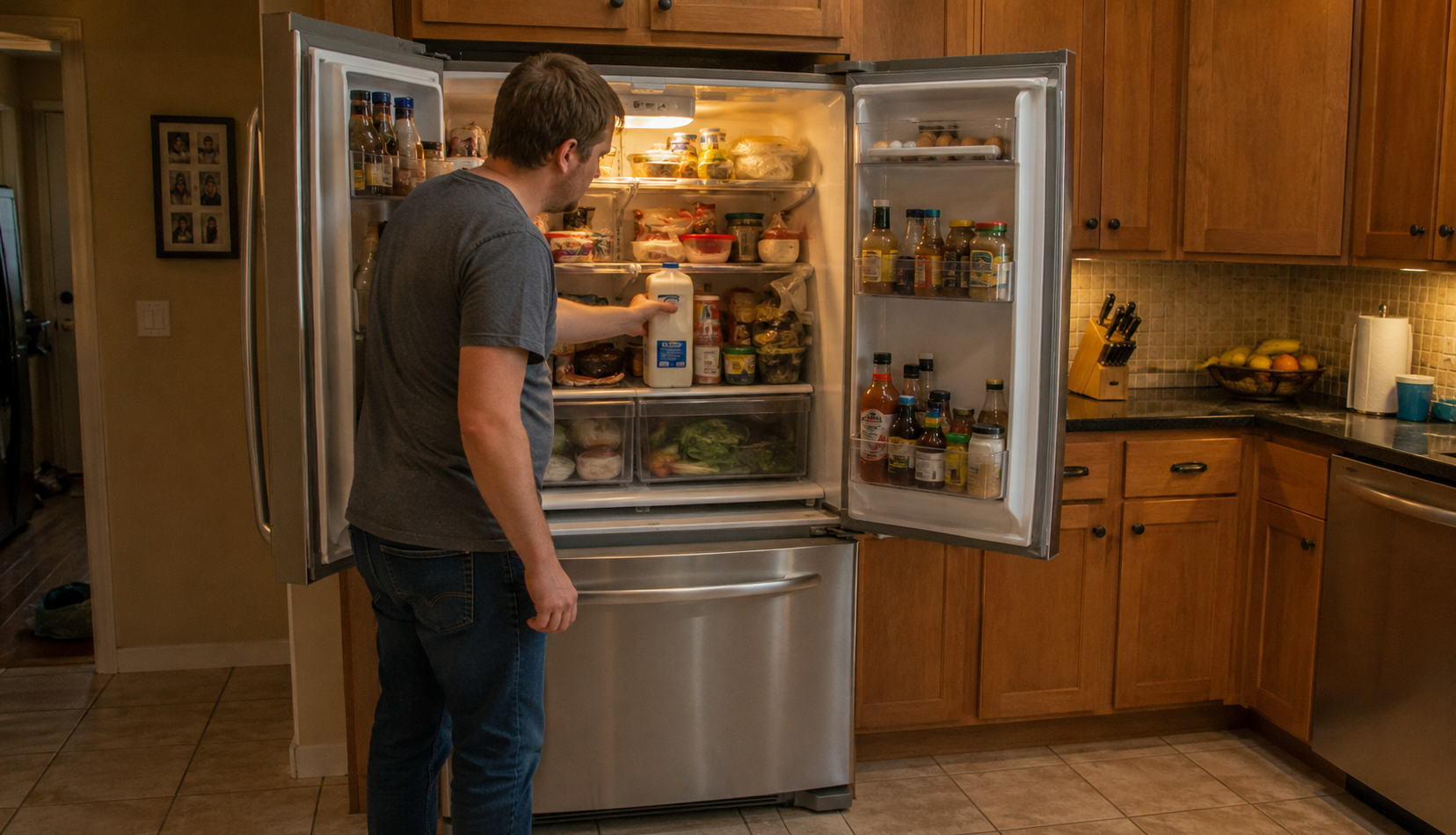 person checking warm refrigerator section with freezer drawer closed