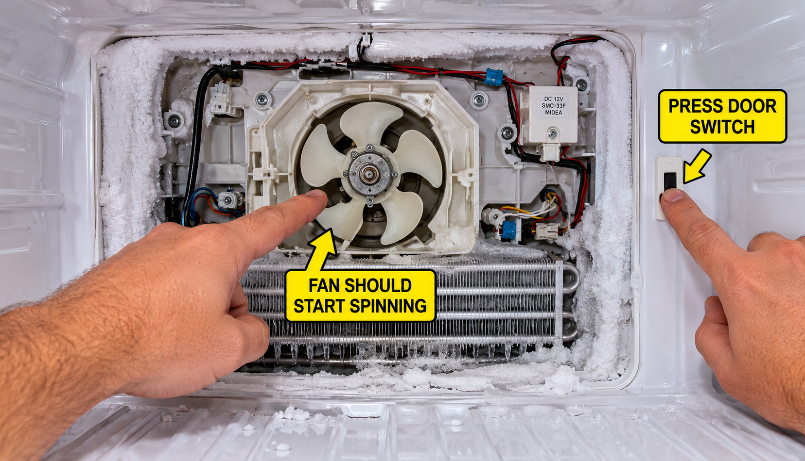 ChatGPT Image Jun 16, 2026, 04_48_16 PM hand pressing freezer door switch to test evaporator fan motor
