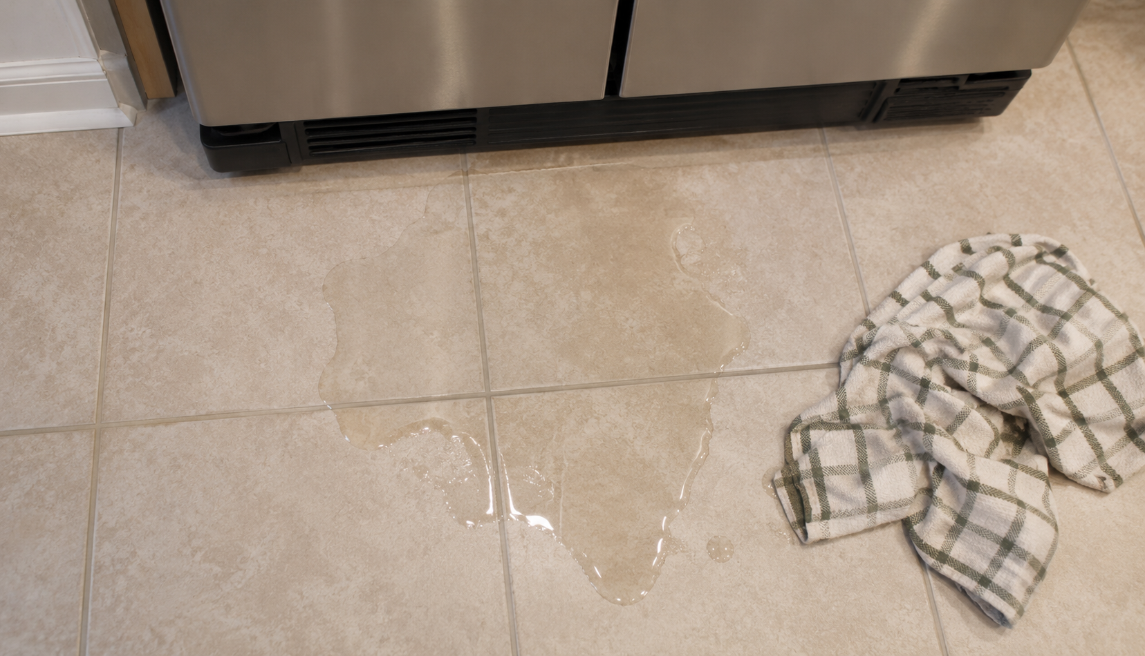 water puddle leaking from refrigerator onto kitchen tile floor
