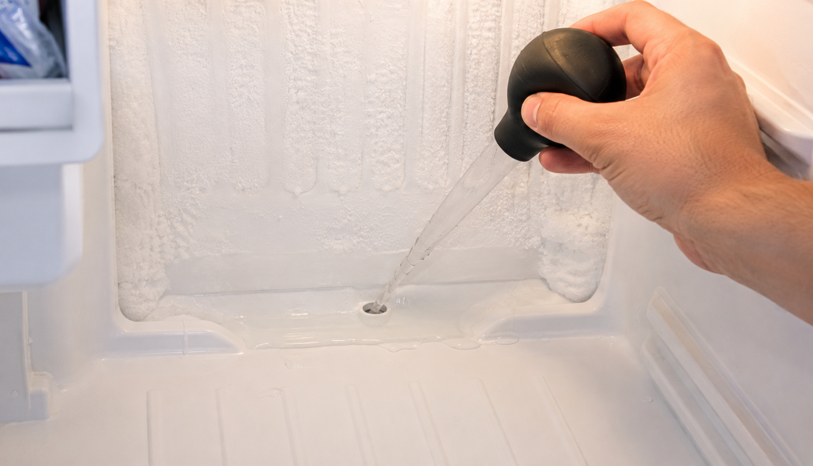  hand using turkey baster to flush clogged refrigerator defrost drain