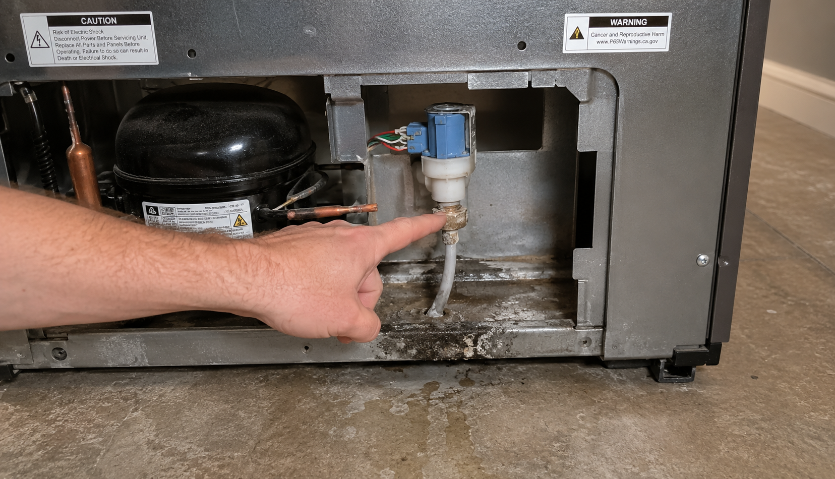  refrigerator water inlet valve connection with mineral deposits and moisture