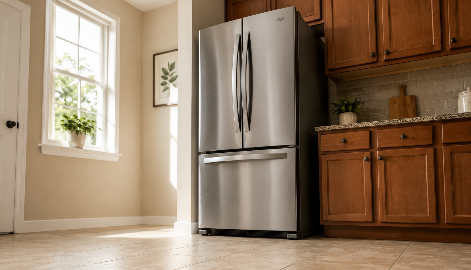 refrigerator standing on dry clean kitchen floor leak fixed