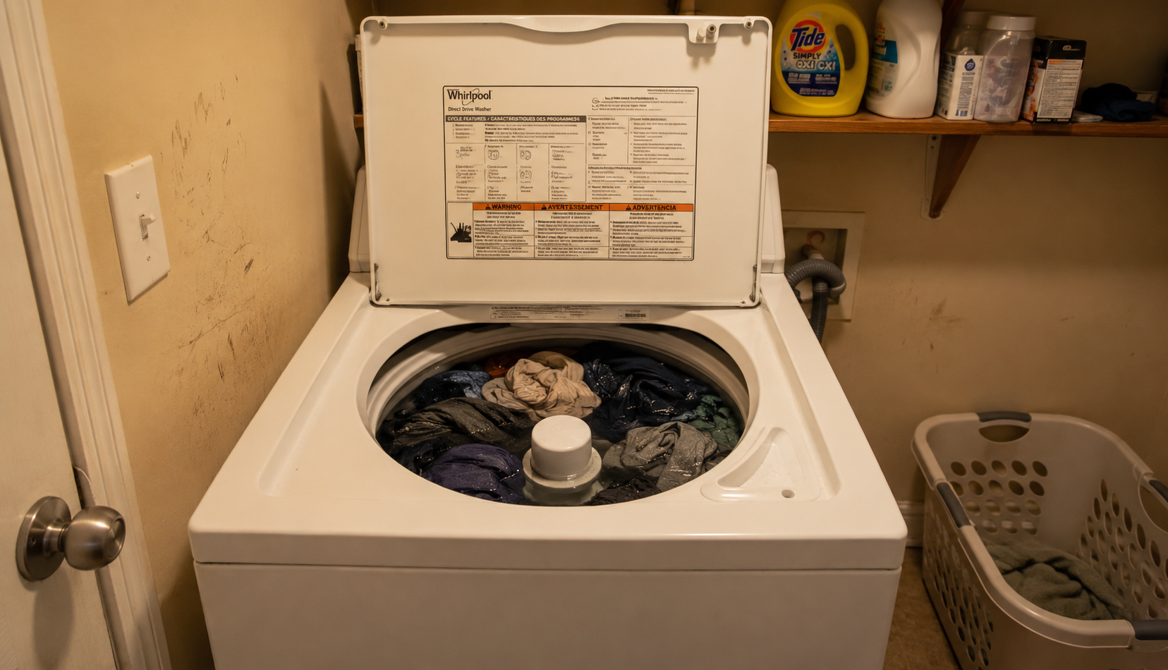 Open top load washing machine full of wet clothes stopped mid spin cycle