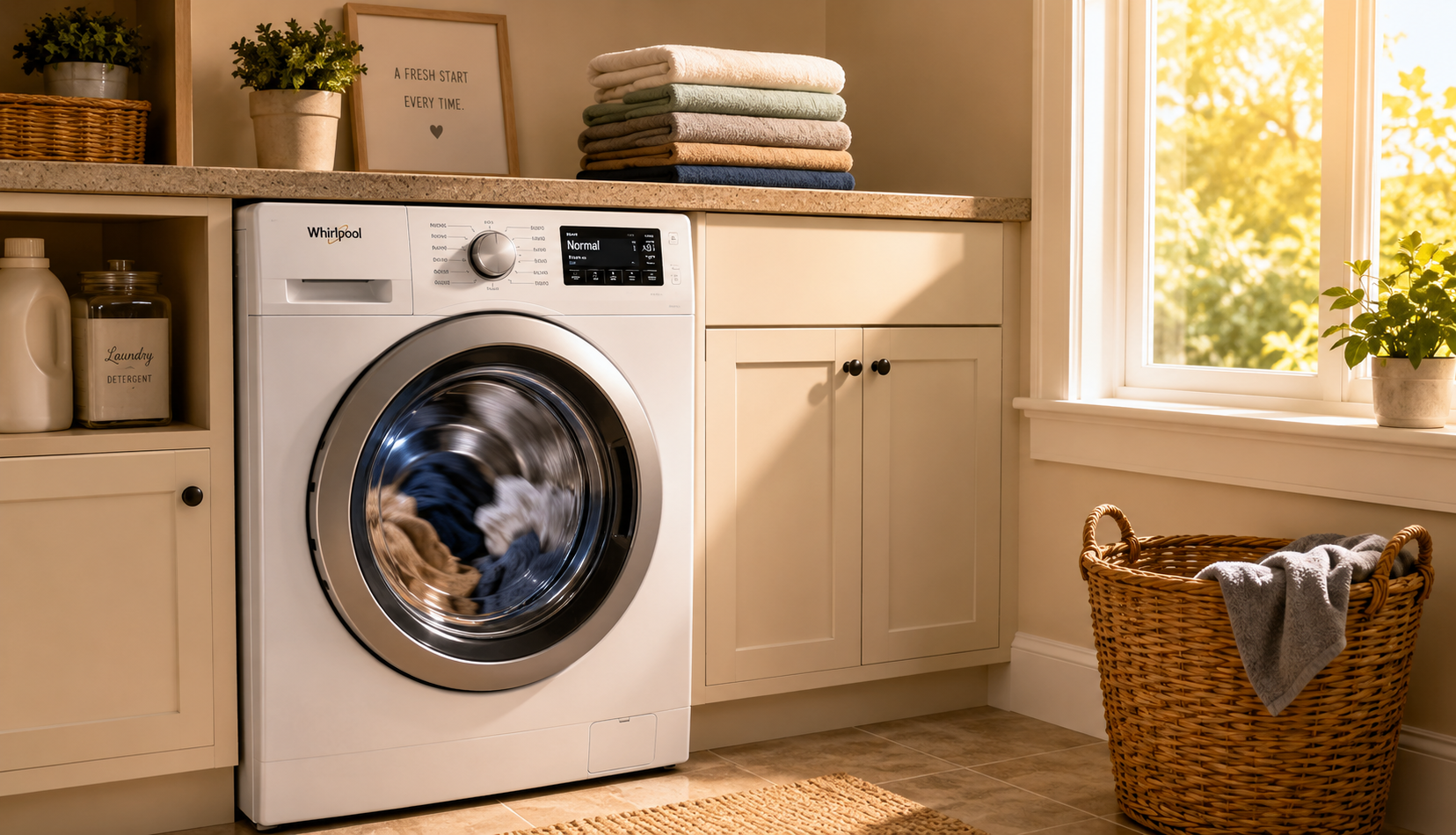 ChatGPT Image Jun 2, 2026, 07_40_44 AM Front load washing machine completing spin cycle with clothes tumbling inside drum