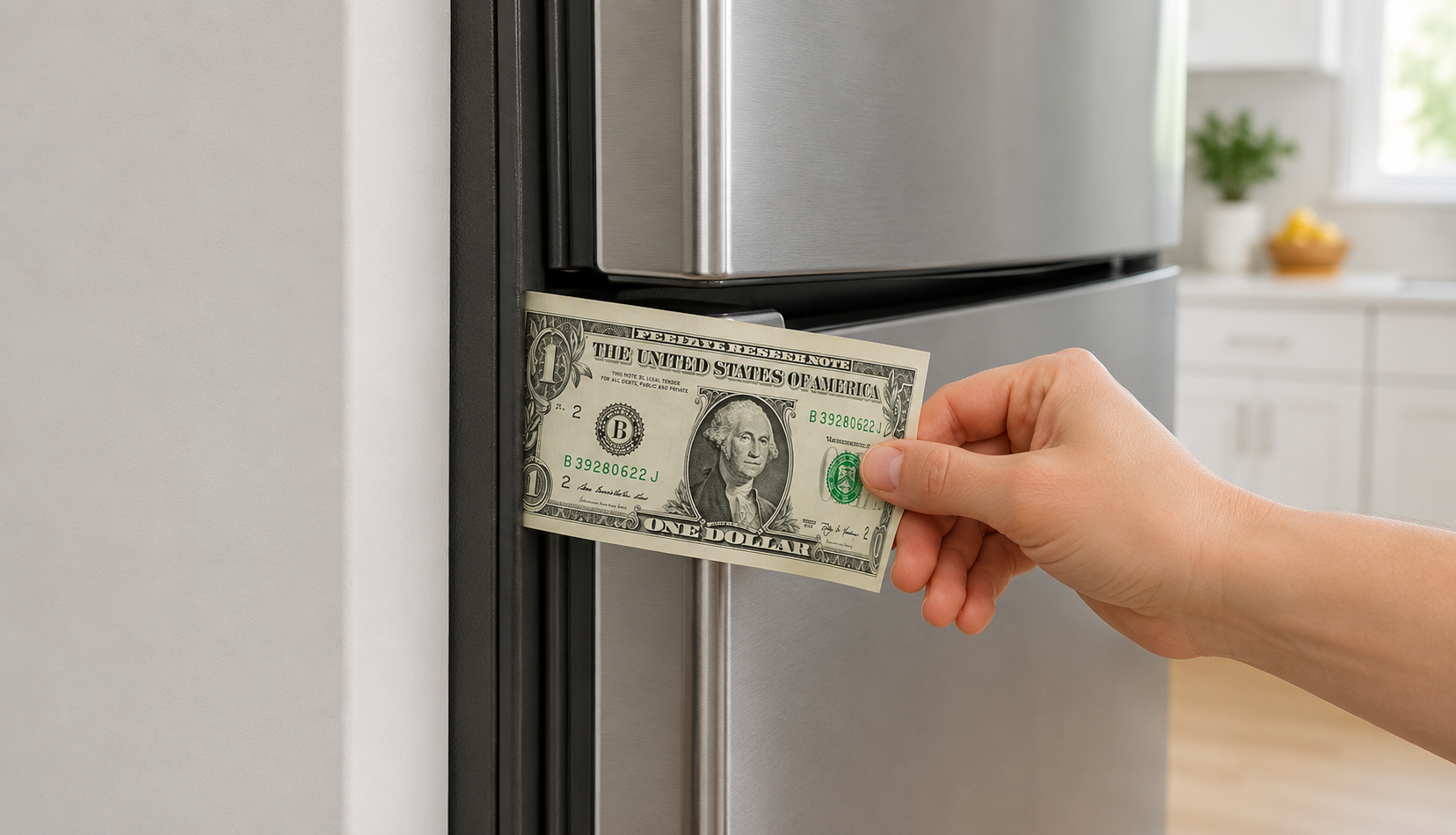 ChatGPT Image Jun 20, 2026, 07_03_27 PM dollar bill test on refrigerator door to check seal