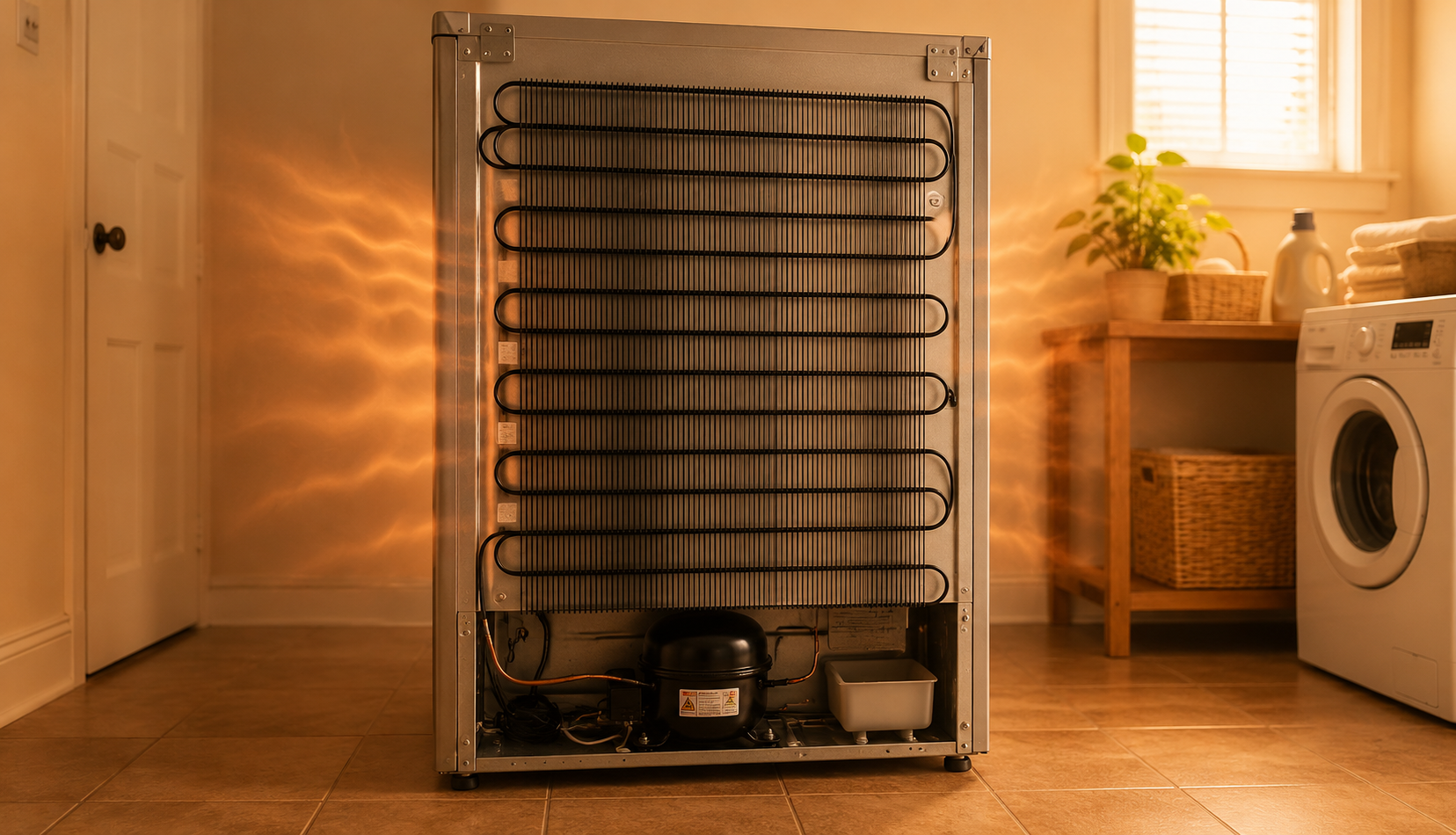 ChatGPT Image Jun 21, 2026, 04_52_22 AM refrigerator condenser coils releasing heat at back of appliance