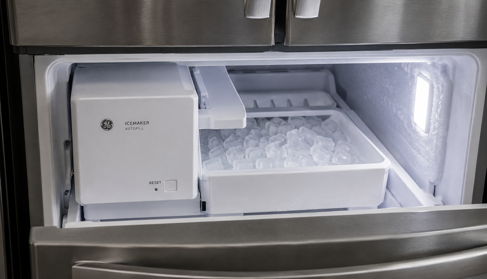 ChatGPT Image Jun 21, 2026, 06_54_50 PM GE refrigerator ice maker unit inside open freezer drawer